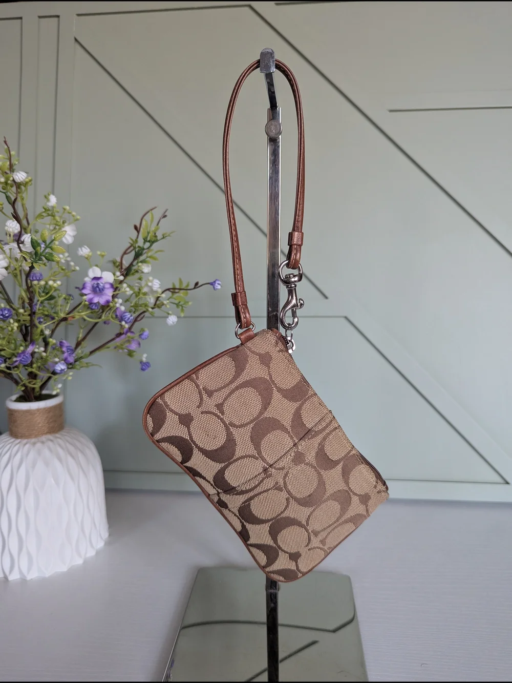 Coach Signature Canvas Wristlet in Brown and Tan